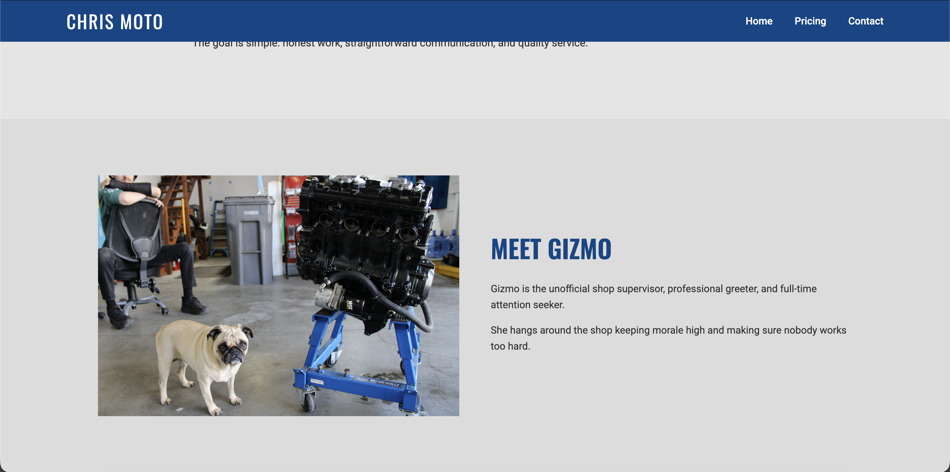 Meet Gizmo section on Chris Moto website