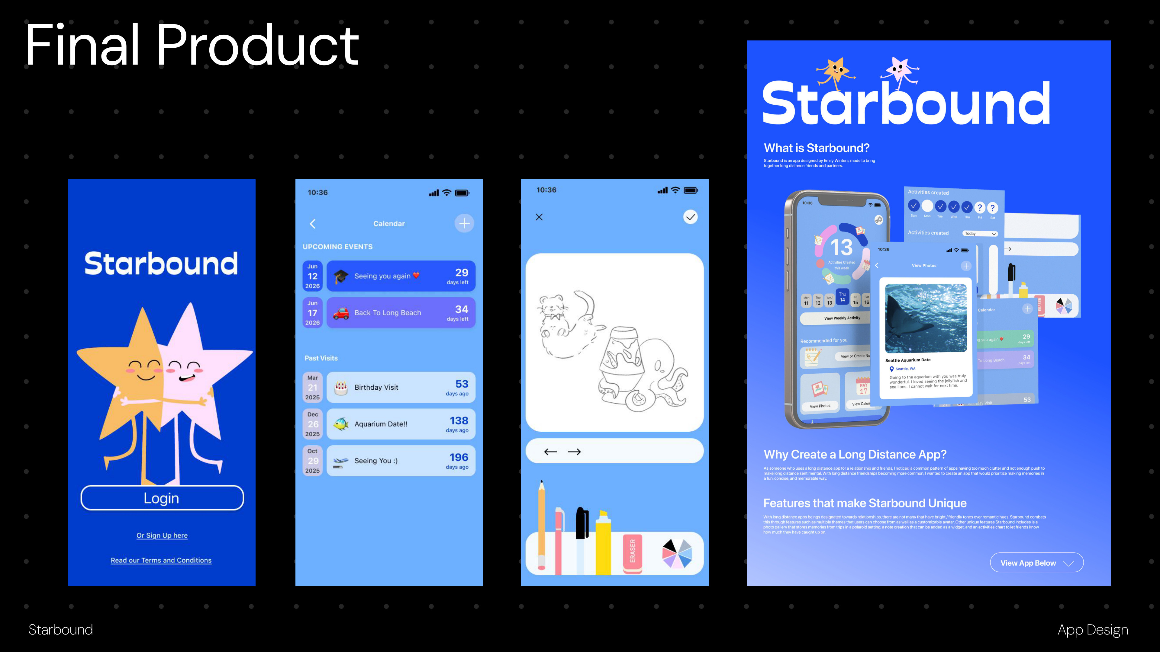 Final product slide showing Starbound login screen, calendar screen, drawing screen, and app landing page.