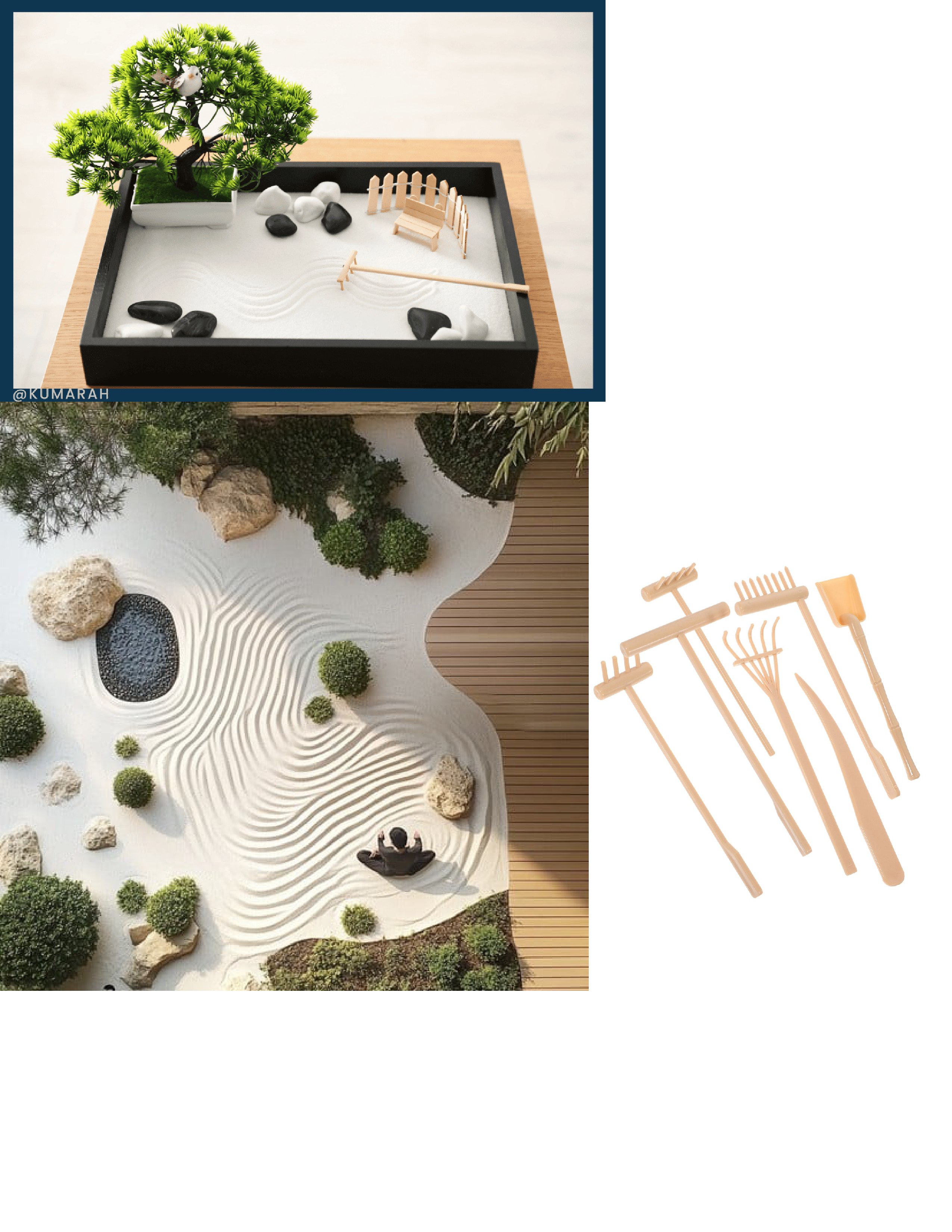 Zen Garden mood board showing sand gardens and raking tools